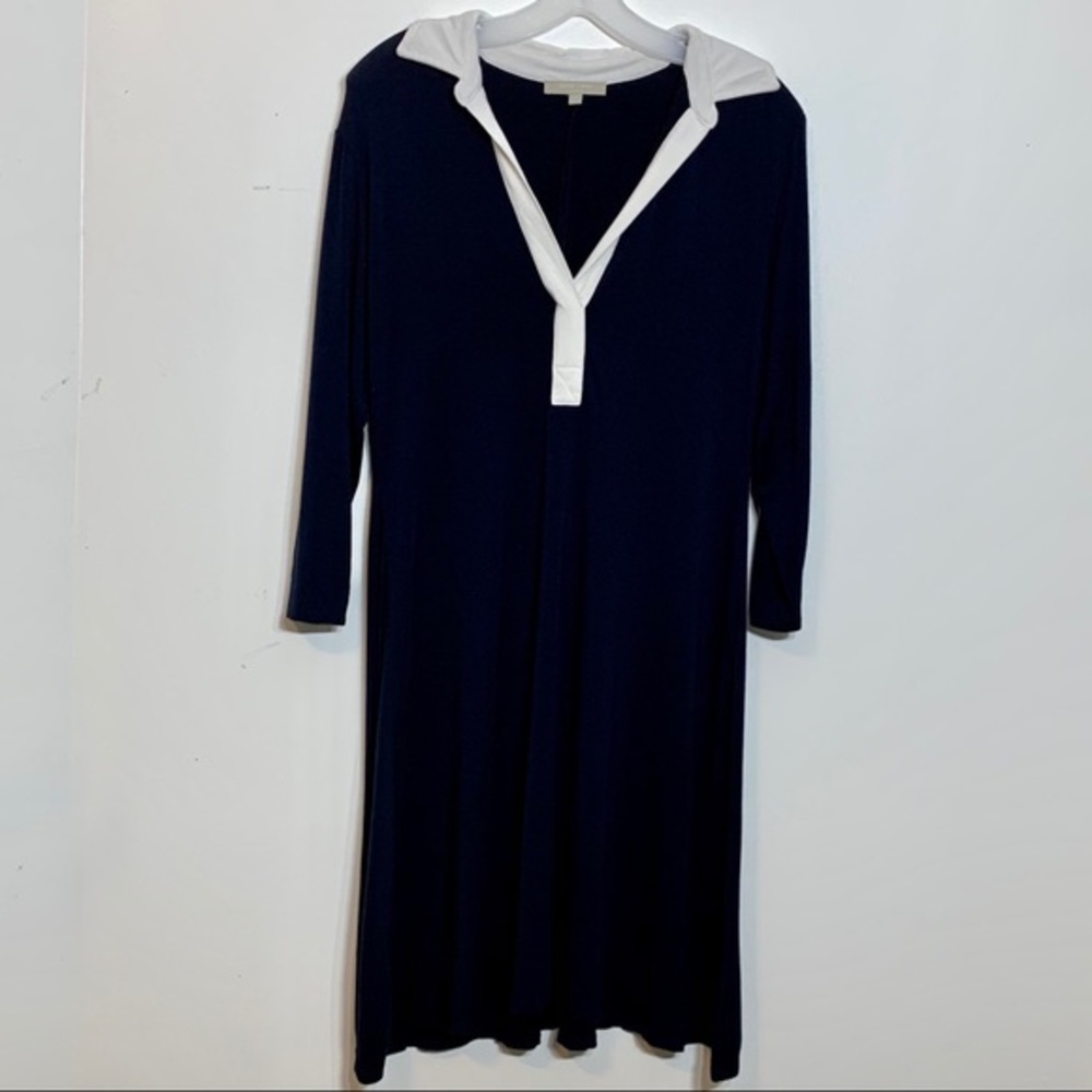 EUC Joan Vass navy/white long sleeve sheath dress